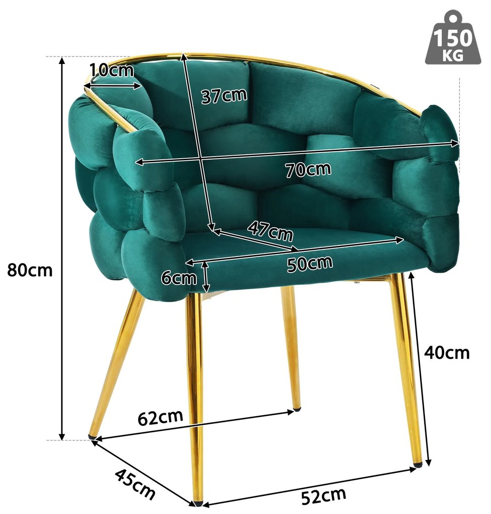 Scaun de lux din catifea, scaun de prânz cu picioare din fier auriu, suporturi frontale reglabile și spătar confortabil, 50×47×80 cm, Verde Închis
