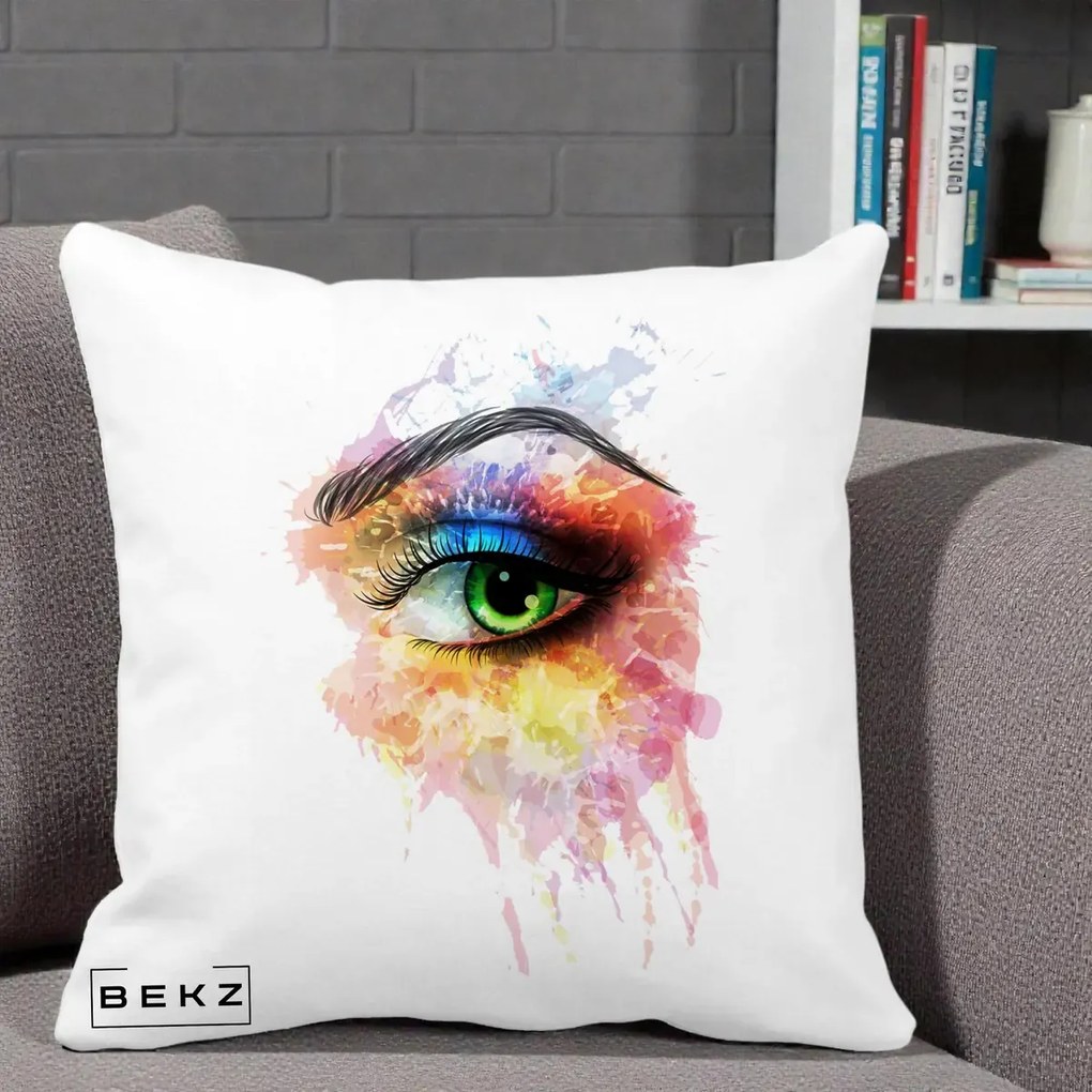 Perna Decorativa Ochi Verde Acuarela, 40x40 cm, Alba Mata, Husa Detasabila, Perna Inclusa, BEKZ®
