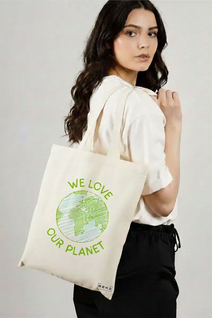 Sacosa de Panza pentru Cumparaturi, Geanta Tote, model We Love Our Planet, 38x34.5 cm, Alba, BEKZ®