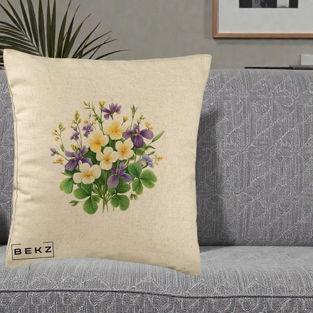 Perna Decorativa Viorele Iris Violet si Trifoi, 40x40 cm, Bej, Husa Detasabila, Perna Inclusa, BEKZ®