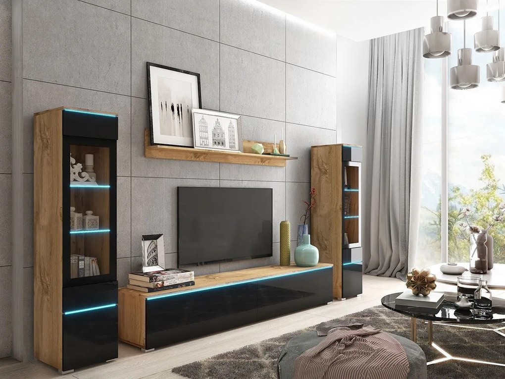 Mobilier living Selwyn II (wotan + Negru lucios ) (iluminat LED Alb). 1054051