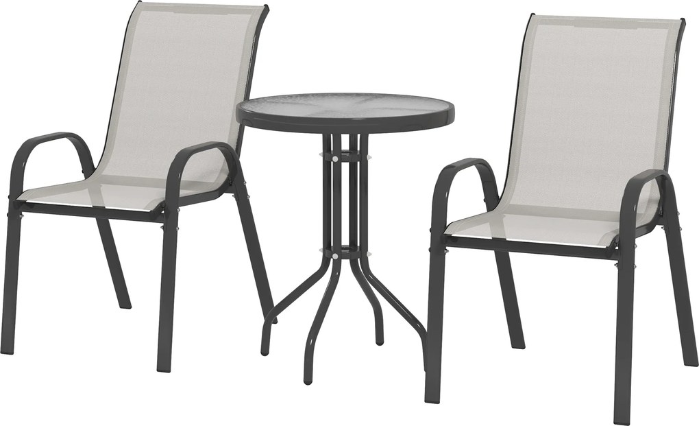 Outsunny Set de grădină 3 piese cu masă rotundă cu blat din sticlă și scaune suprapuse pentru exterior Gri deschis | Aosom Romania