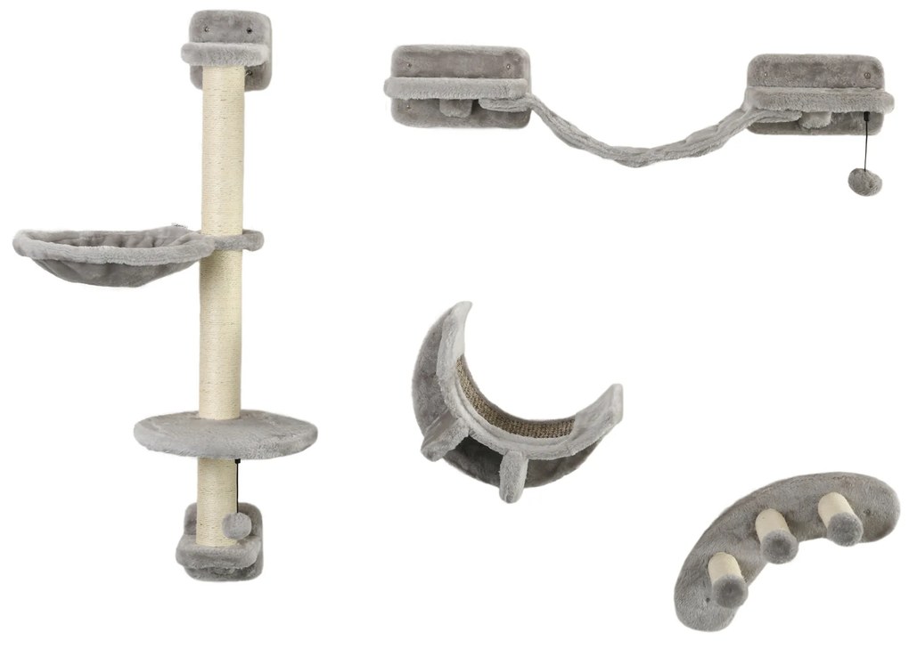 Set Mobilier Perete pentru Pisici, Platforme, Hamac, Scară și Stâlpi de Scrăcătat, Până la 5 kg, Confortabil și Sigur | Aosom Romania
