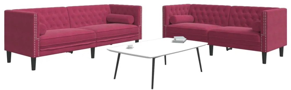 vidaXL Set canapele Chesterfield perne rulou 2 piese roșu vin catifea
