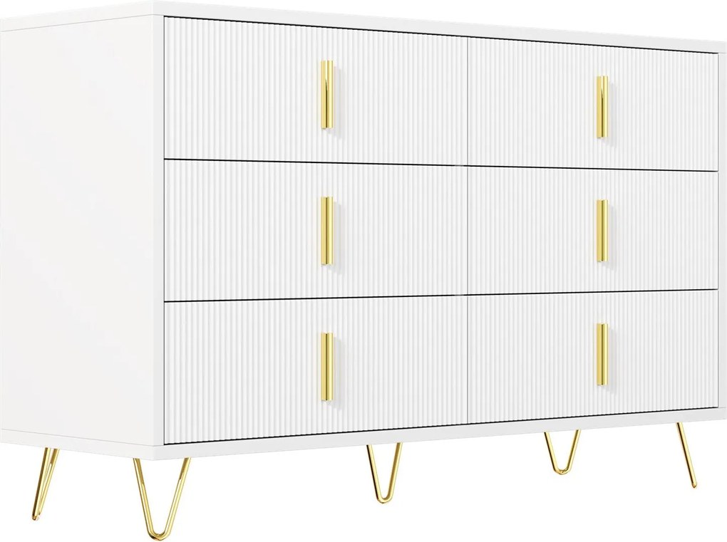 Bufet cu 6 sertare, mânere și picioare aurii, textură ondulată, 120x40x77 cm, Alb+Aurii