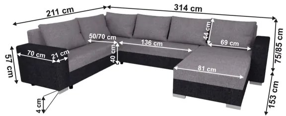 Canapea extensibilă în U YORK, tapițată, universală, gri/negru