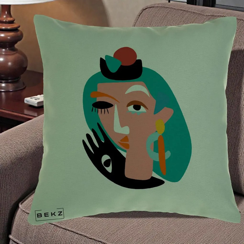 Perna Decorativa Portret Abstract Matisse Turcoaz, 40x40 cm, Verde, Husa Detasabila, Perna Inclusa, BEKZ®