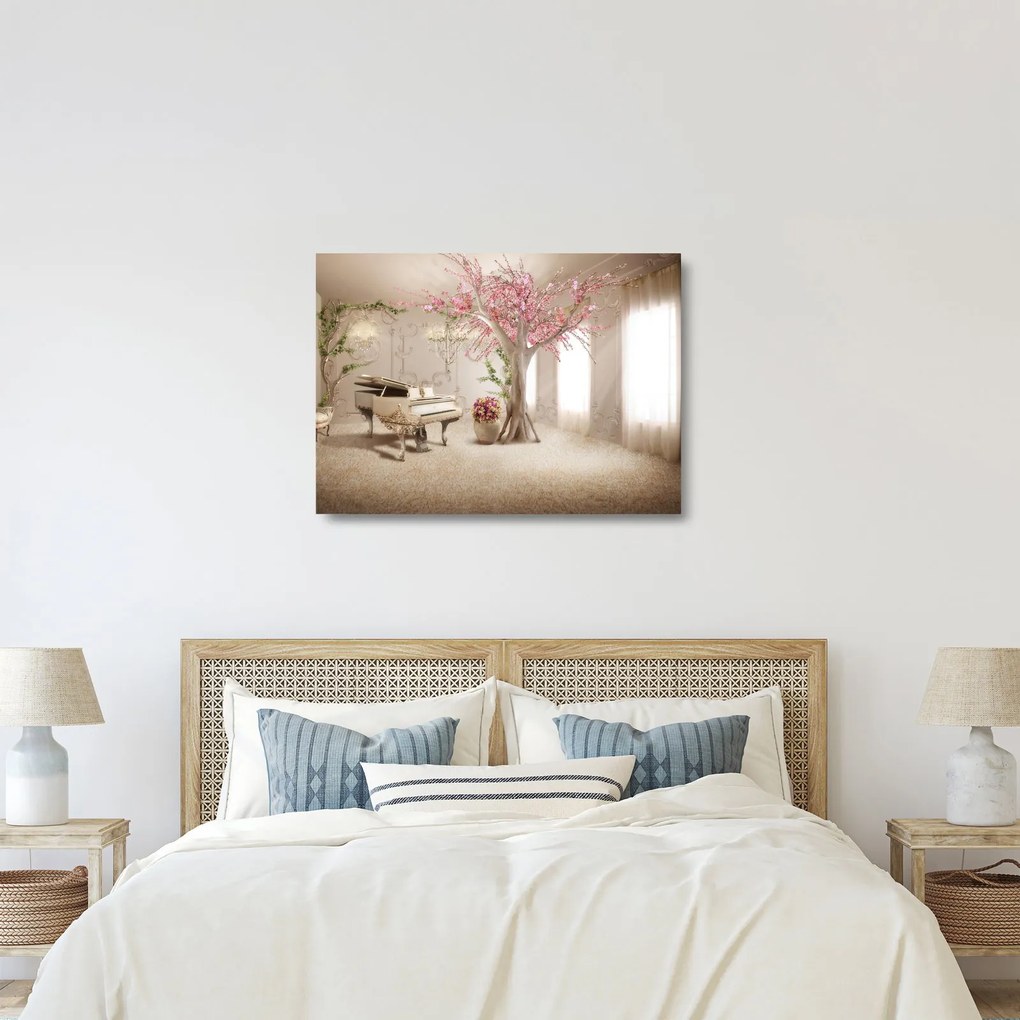 Tablou pe sticlă - Interior de vis cu pian (70x50 cm)