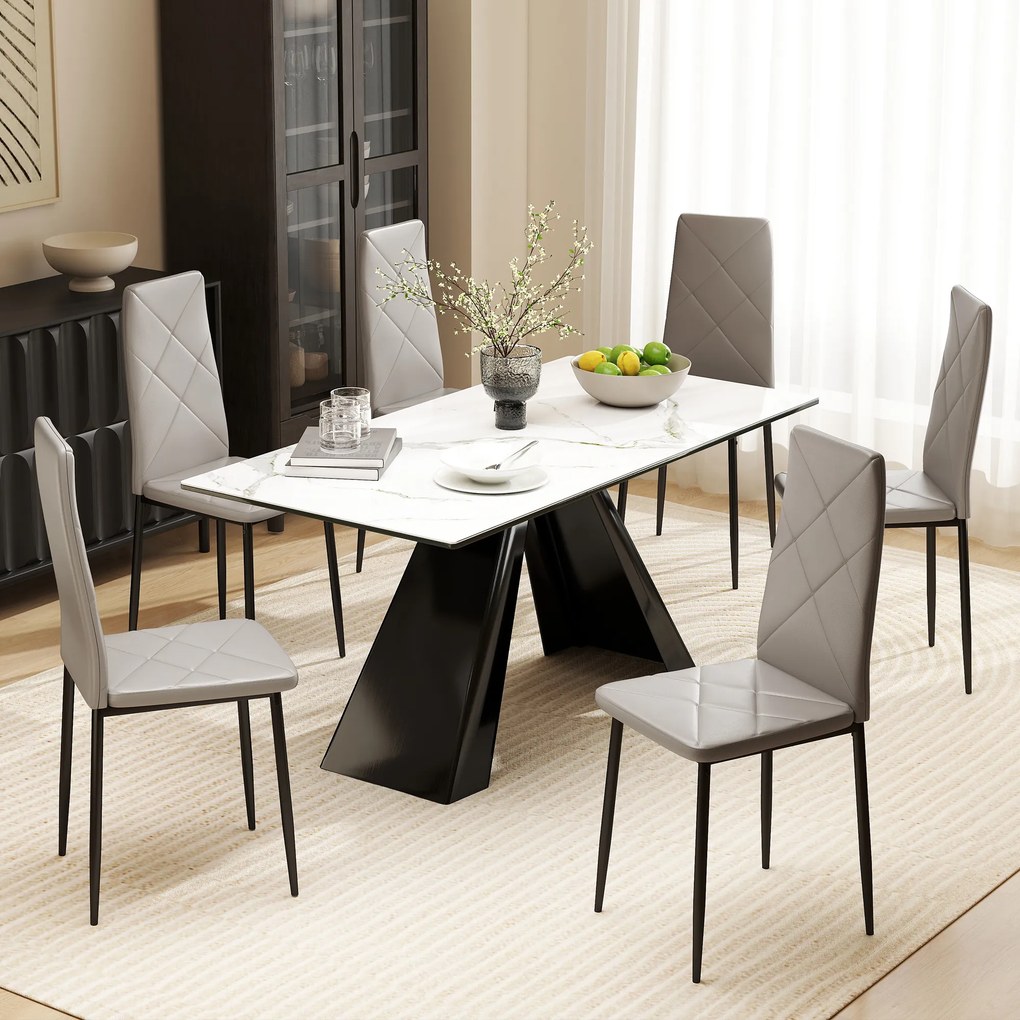 HOMCOM Set de 6 Scaune de Sufragerie, cu Spătar Înalt cu Cusături Tip Romb din Piele Ecologică și Oțel, 41x50x97 cm, Gri | Aosom Romania