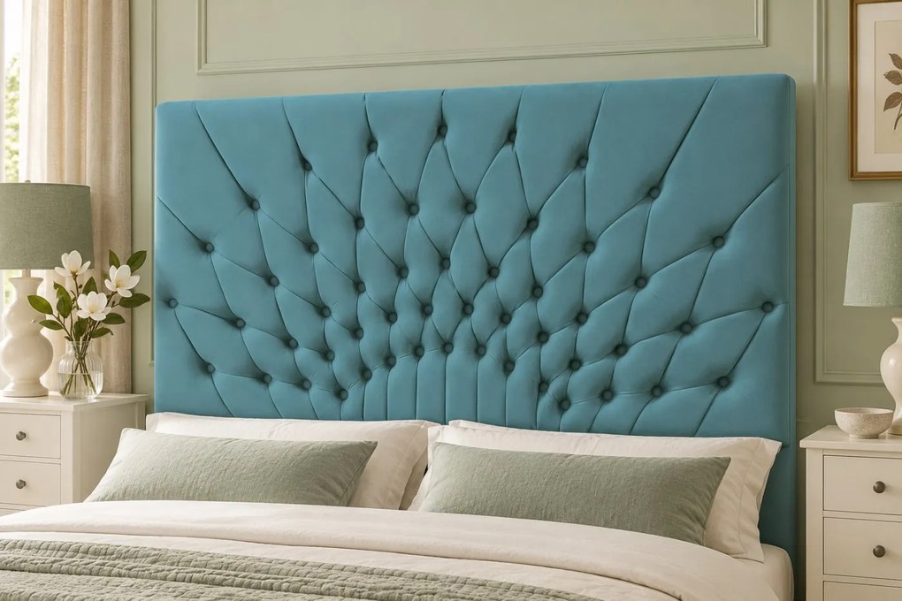 Pat tapițat Chesterfield din catifea Venezia 140×200 cm, verde marin, cu ladă de depozitare