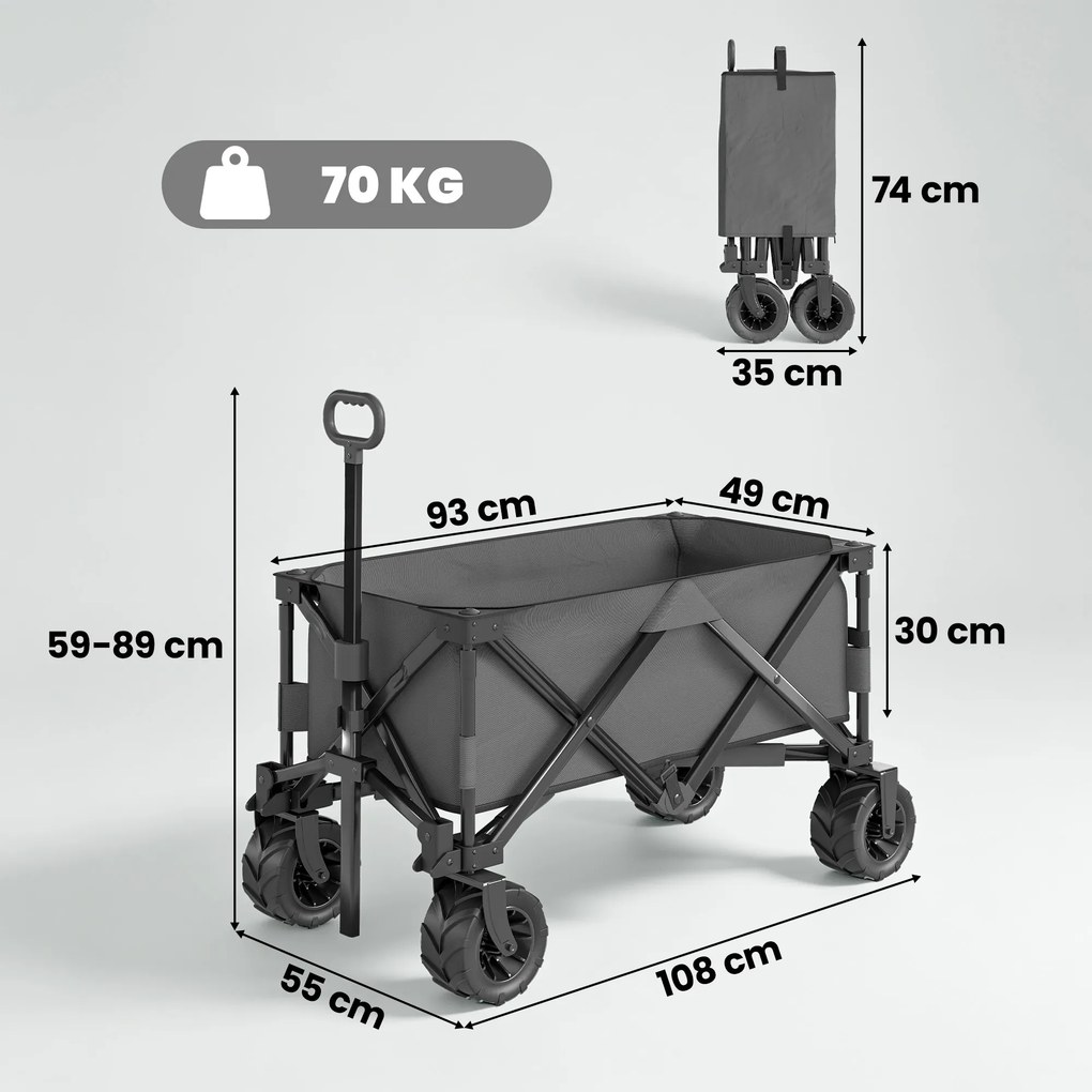 Outsunny Cărucior de Grădină cu Mâner Telescopic, Cărucior Metalic cu Spațiul de Depozitare din Material Oxford, 108x55 cm, Gri