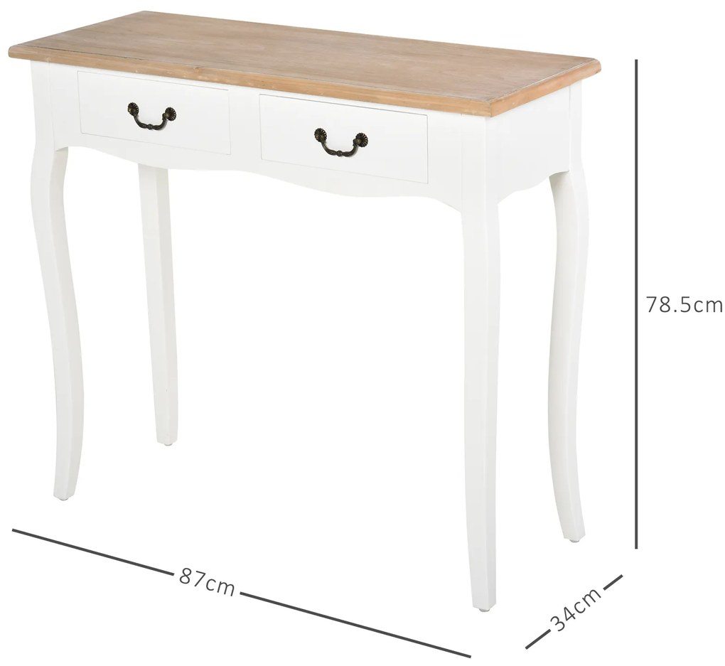 HOMCOM Masă Consolă Masă pentru Intrare Scaun de Săpun 2 sertare dim. 87L x 34l x 78H cm MDF Lemn Masiv Pin Deschis Alb | Aosom Romania