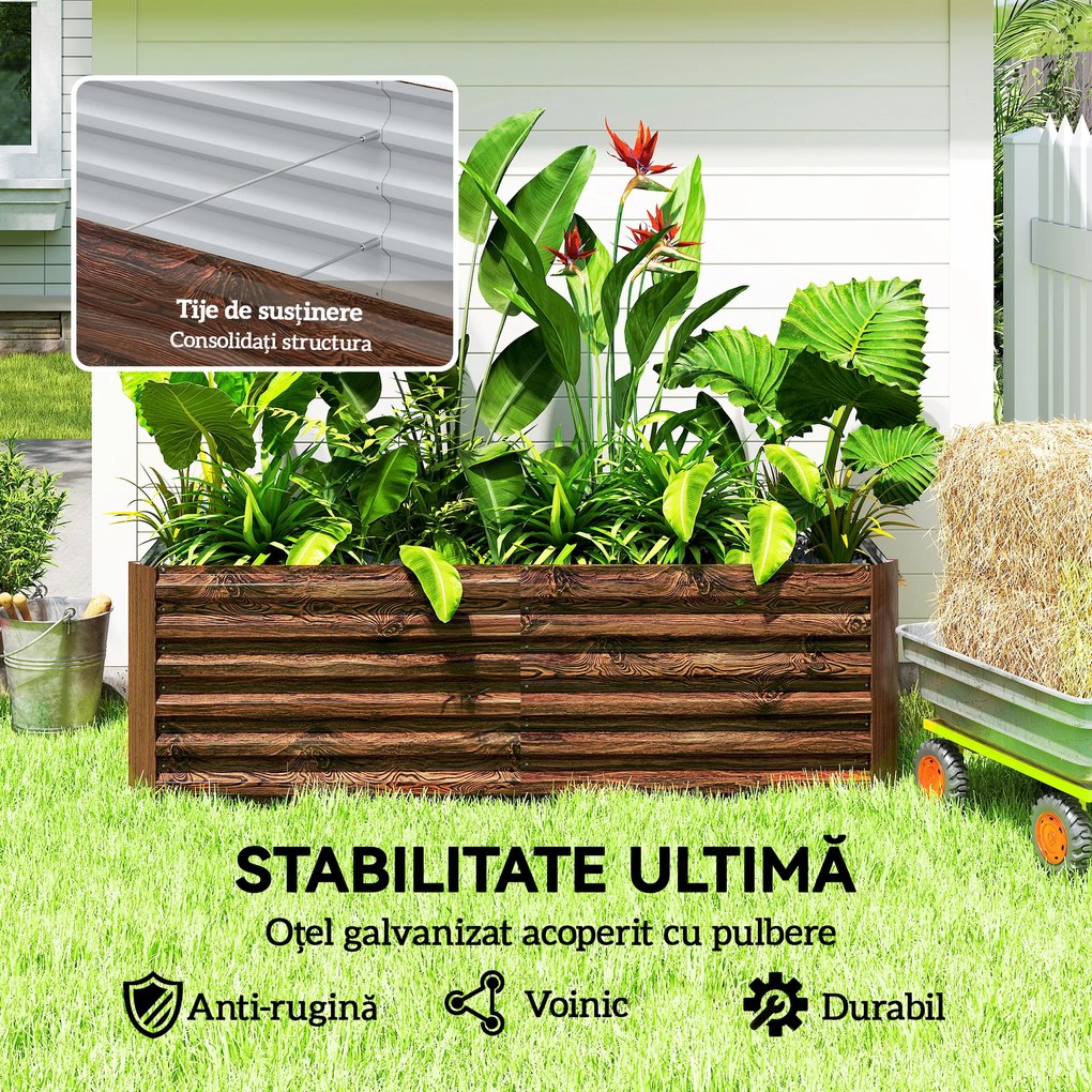 Outsunny Pat pentru Grădină Ridicat cu Fund Deschis și Bare de Suport, Ghiveci din Oțel Zincat pentru Flori și Legume, pentru Balcon sau Grădină, 180x90x57,5 cm, Maro Închis | Aosom Romania