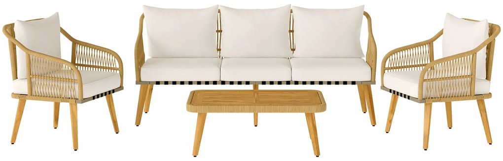 Outsunny Set de Mobilier de Grădină din 4 Piese cu Canapea, 2 Fotolii, Măsuță și Perne, 180x64x80 cm, Kaki | Aosom Romania