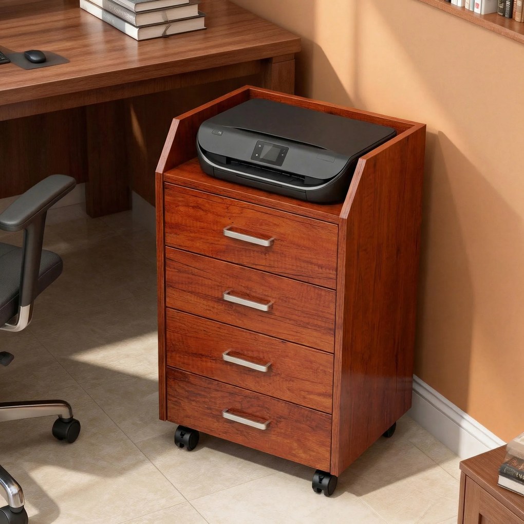 Vinsetto Comodă de birou pe roți Comodă de birou cu 4 sertare Archivator mobil pentru studiu 40x36x65 cm Maro | Aosom Romania