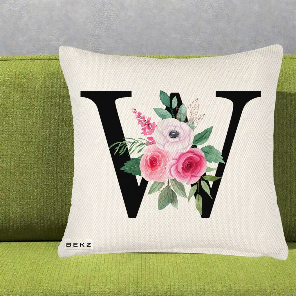 Cadou Personalizat - Perna Personalizata Monograma Florala Litera W cu Trandafiri si Anemona, 40x40 cm, Crem Reliefat, Husa Detasabila, Perna Inclusa, BEKZ®