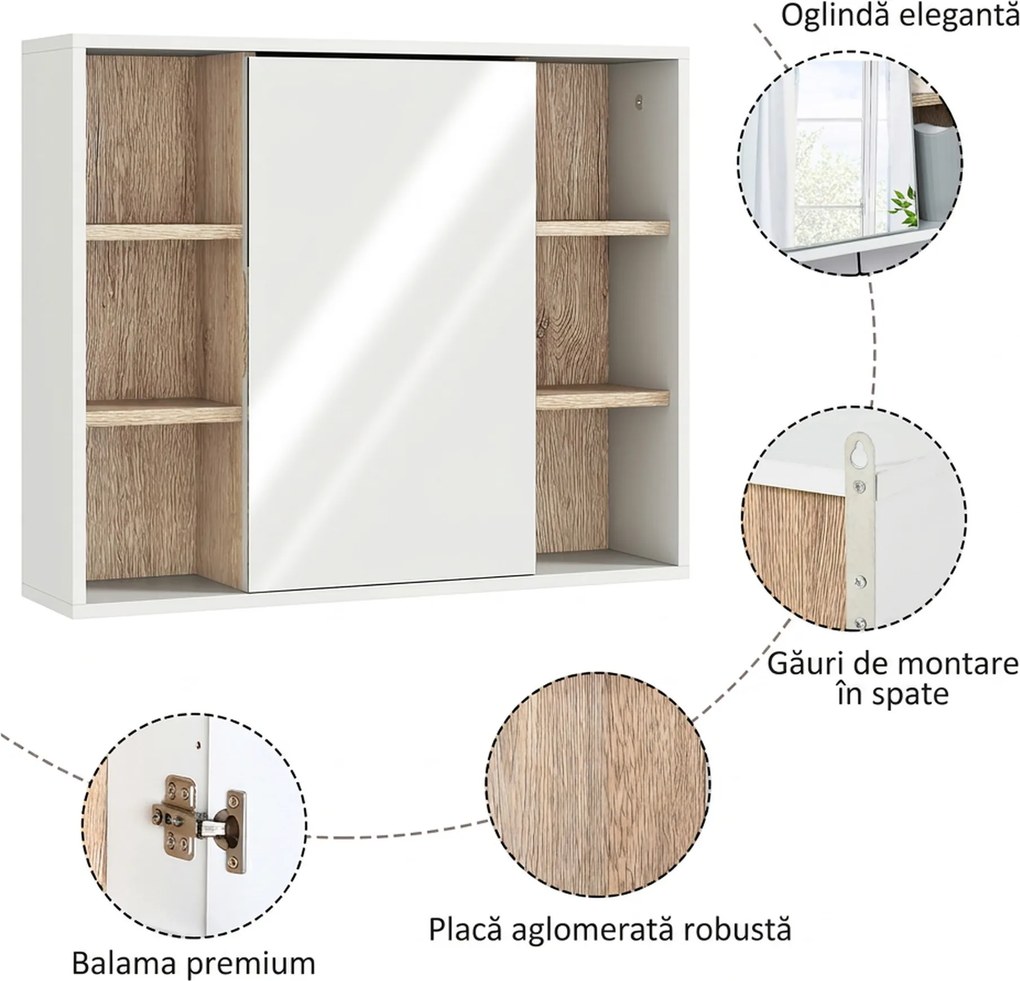 HOMCOM Dulap cu Oglinda din MDF si PAL, Dulap de Baie cu 3 Rafturi Laterale si Raft Interior Reglabil, 60x14.5x49.4 cm, Alb si Lemn Natur | Aosom RO