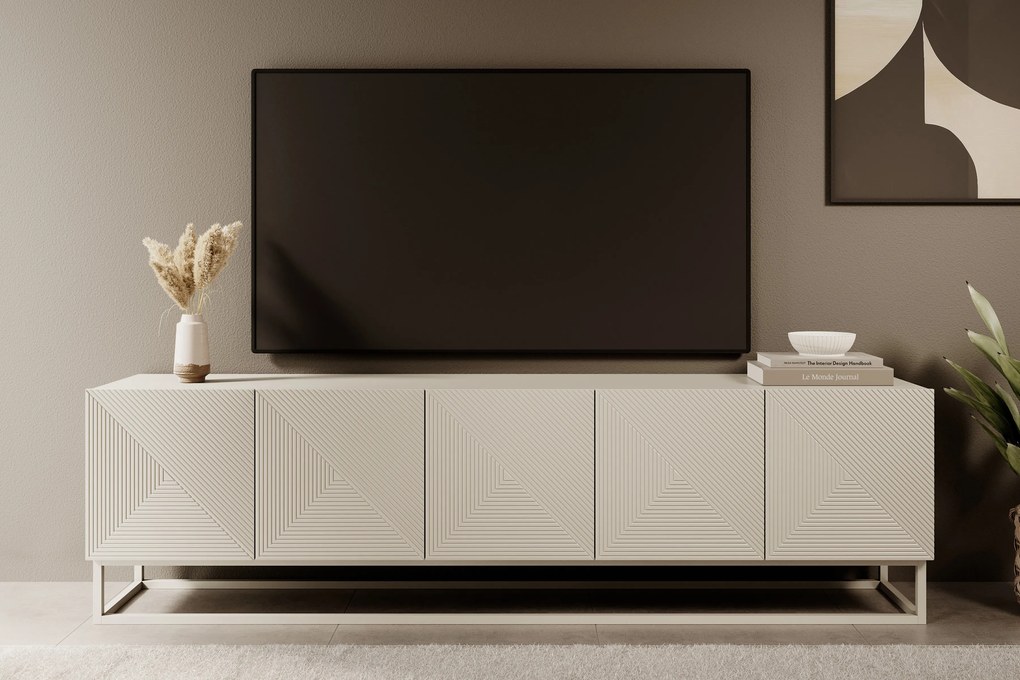 Comodă TV Asha 200 cm cu partea frontală canelat și cadru metalic în nuanța cashmere – Cashmere