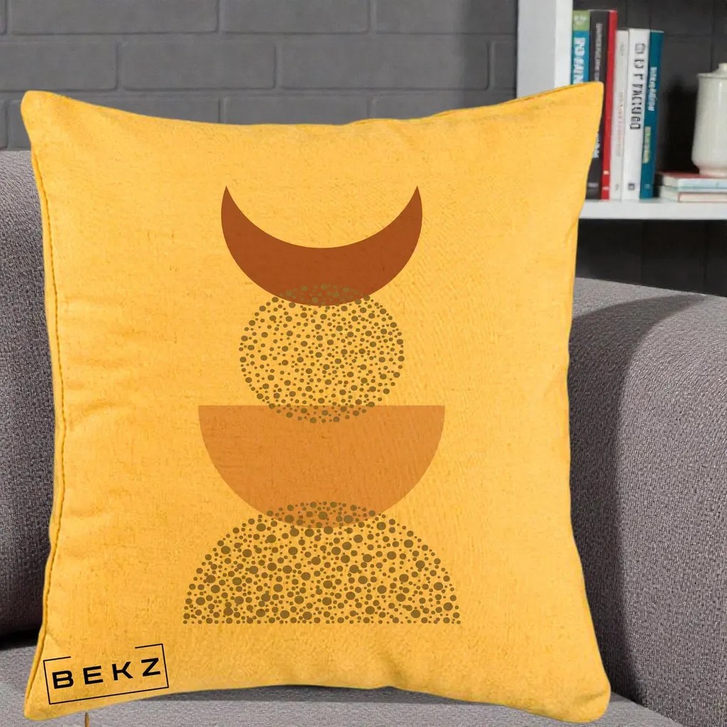 Perna Decorativa Boho Luna Plina si Forme Punctate, 40x40 cm, Galben, Husa Detasabila, Perna Inclusa, BEKZ®