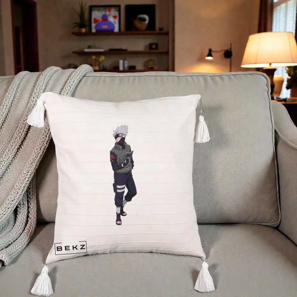 Perna Personalizata Naruto Kakashi Hatake Portret Complet, 40x40 cm, Bej cu Franjuri, Husa Detasabila, Perna Inclusa, BEKZ®