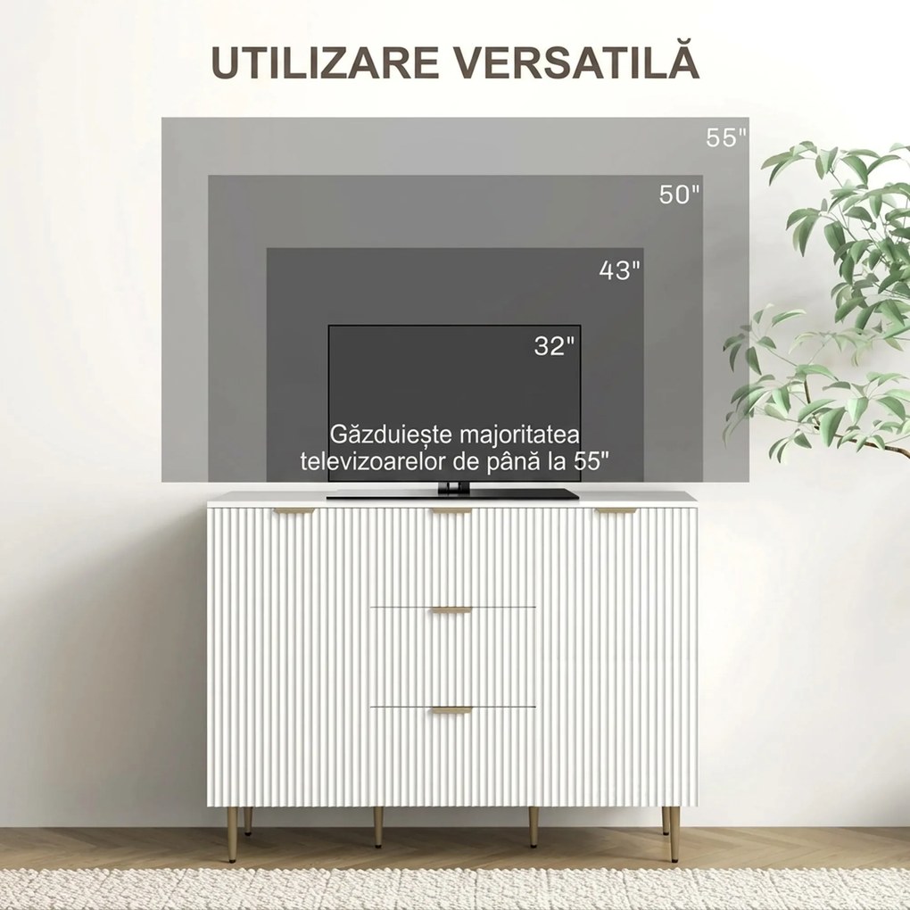 HOMCOM Dulap de Depozitare pentru Bucatarie cu 3 Sertare, Rafturi Reglabile și Picioare Metalice, 120x40x89,5 cm, Alb | Aosom Romania