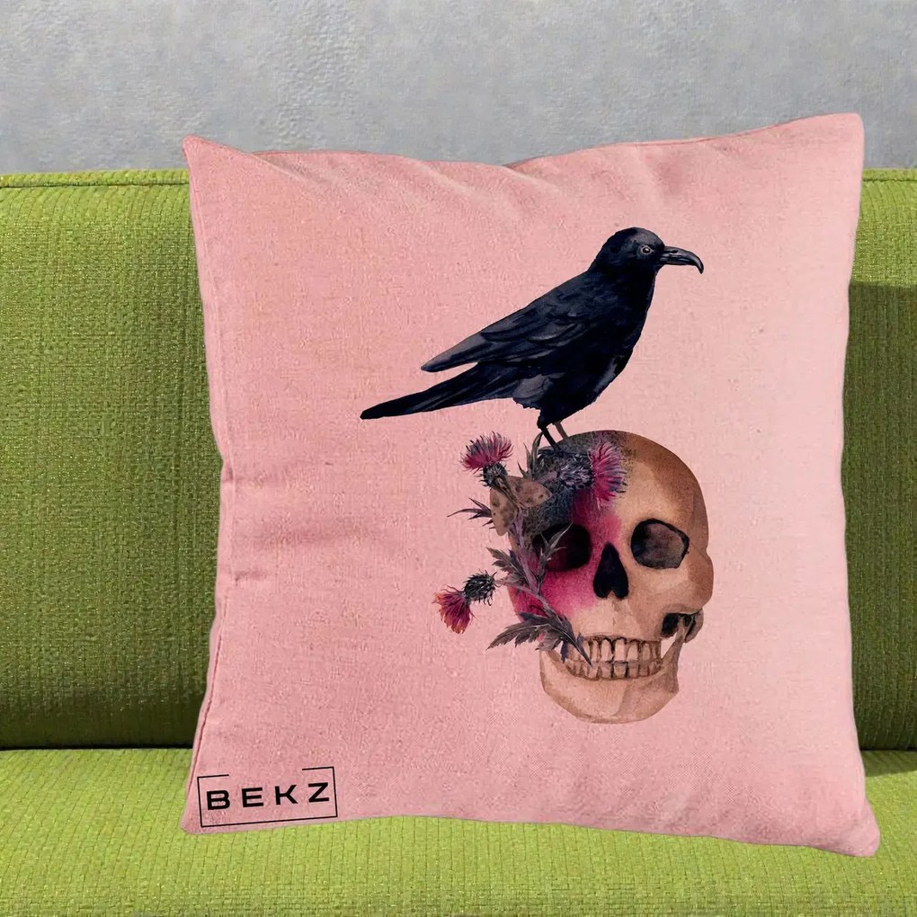 Perna Decorativa Craniu cu Corb si Flori Gothic, 40x40 cm, Roz, Husa Detasabila, Perna Inclusa, BEKZ®