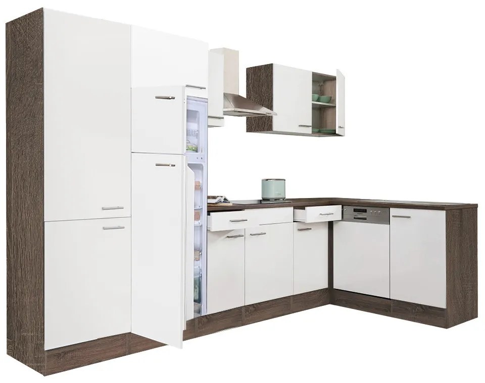 Mobilă de bucătărie de colț Yorki 340, corp din stejar Yorki, față alb satinat, dulap cu rafturi și frigider cu congelator superior