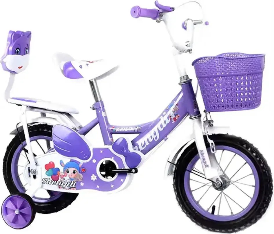 Bicicleta 12 inch cu doua locuri, NBW, roti ajutatoare, frane si cos de jucarii, 2-5 ani, Mov