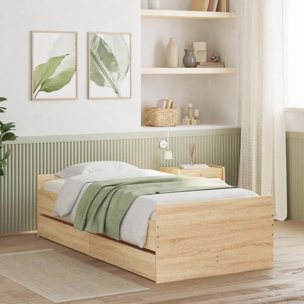 vidaXL Cadru pat cu sertare, stejar sonoma, 75x190 cm, mic single