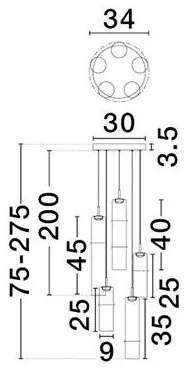 Lustra moderna cu 5 pendule LED, Metal, Sticla, Moca, SANO