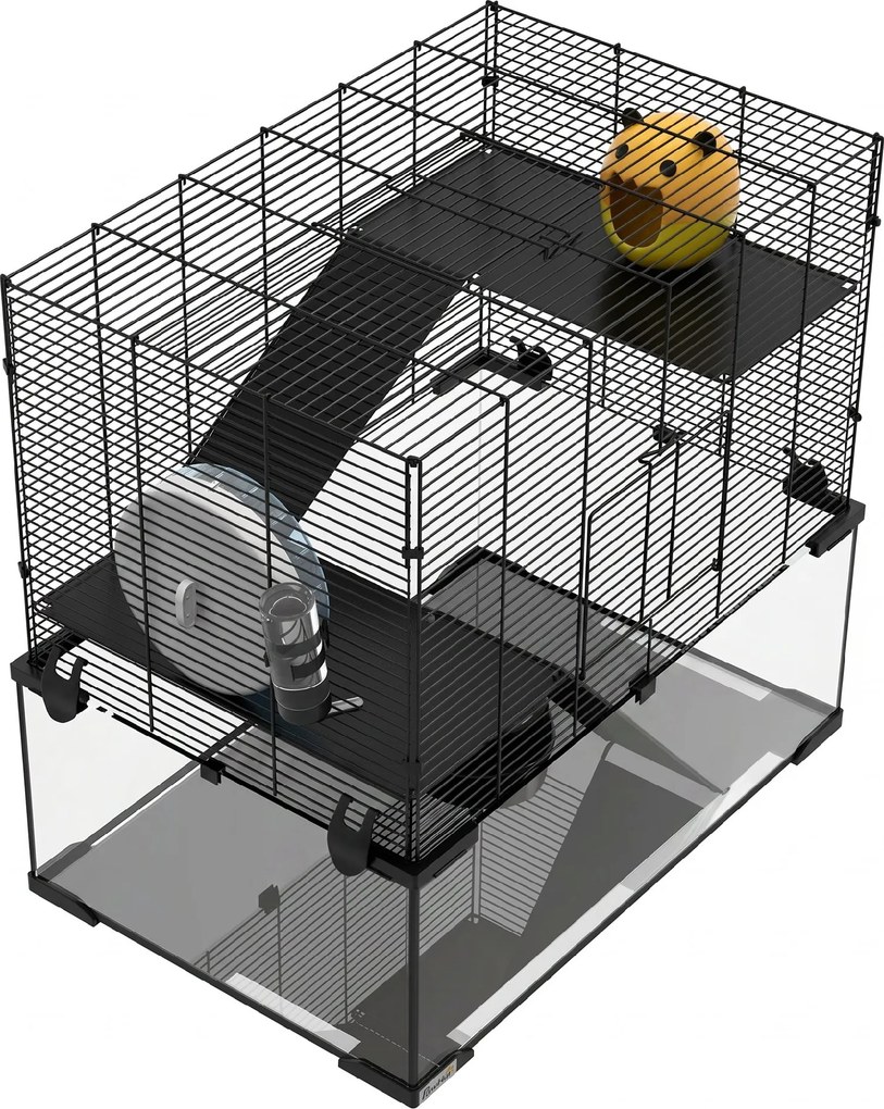 PawHut Cușcă pentru Hamsteri, Gerbili și Animale Mici din Fir de Otel și Sticlă cu Rotiță, 60x40x57 cm, Negru | Aosom Romania