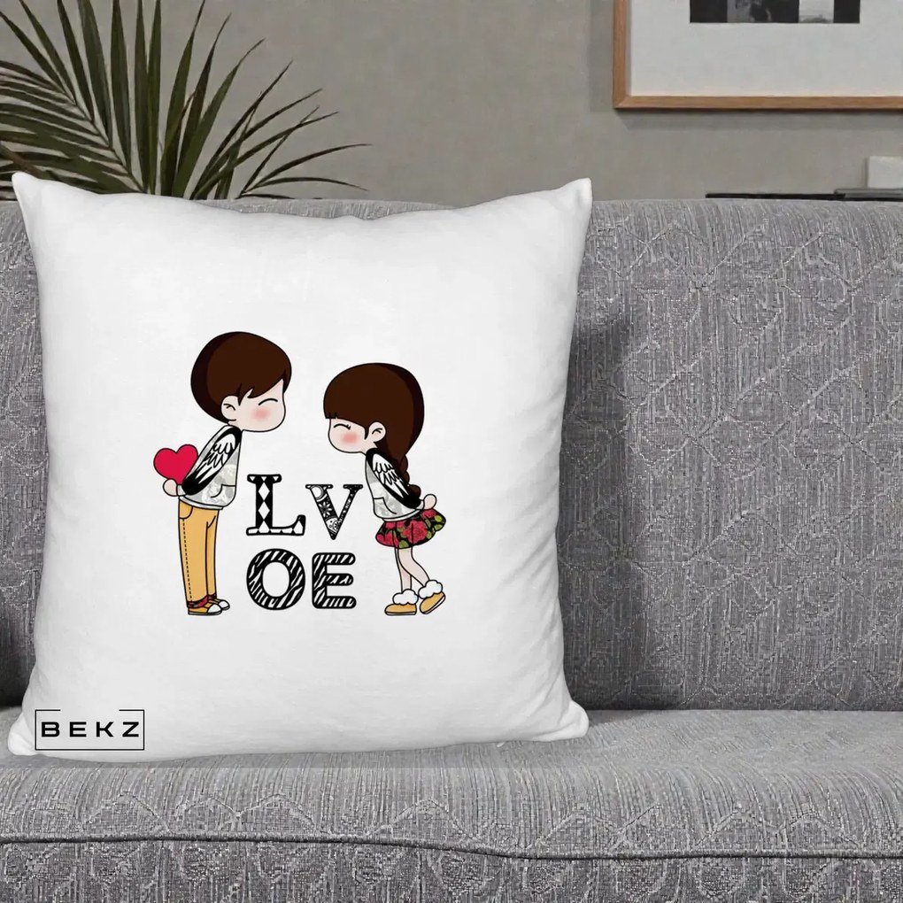 Cadou Romantic - Perna Personalizata Cuplu Kawaii LOVE, 40x40 cm, Alb Pufos, Husa Detasabila, Perna Inclusa, BEKZ®