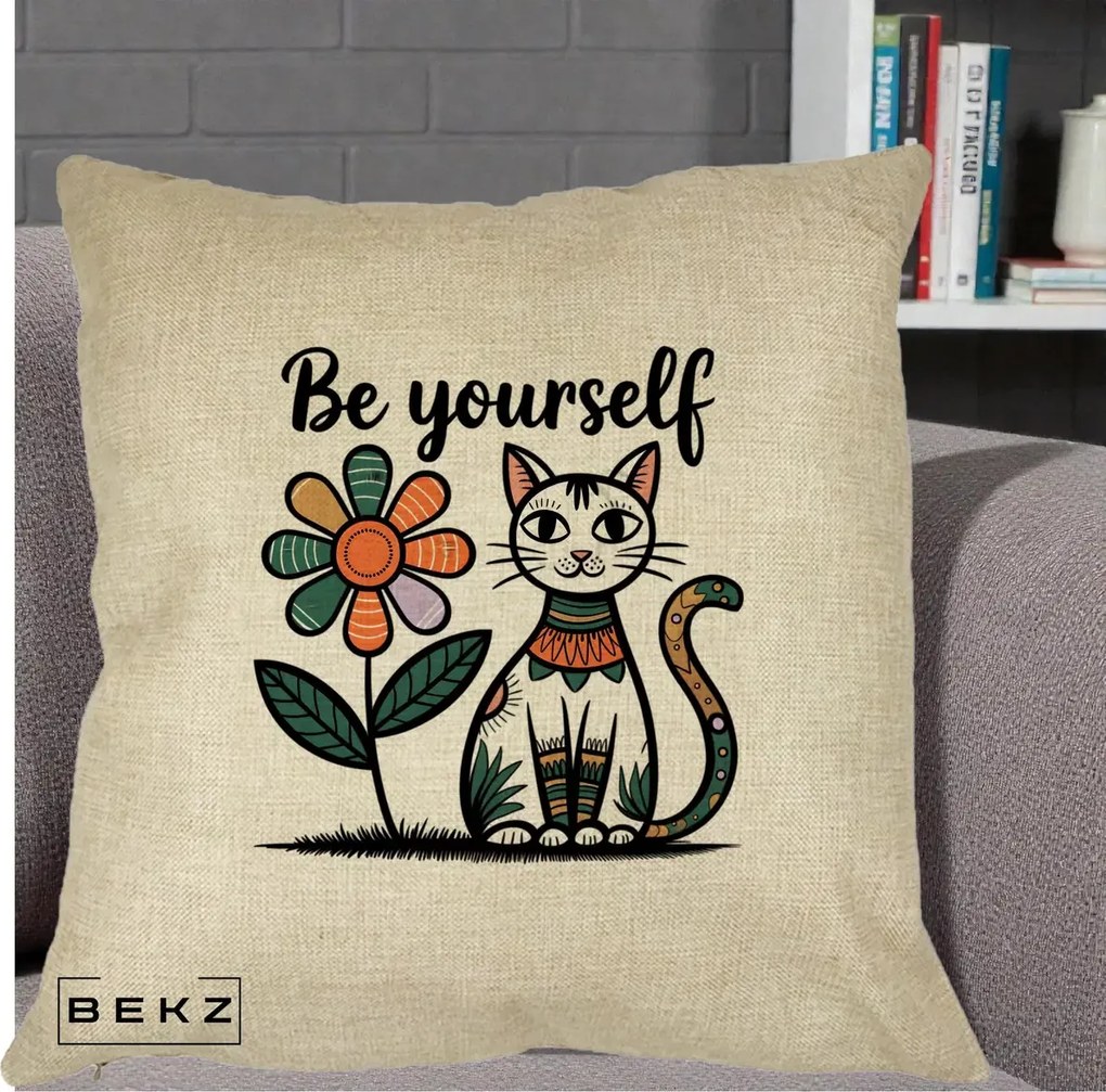 Perna Personalizata Be Yourself Pisica Folk, 40x40 cm, Crem, Husa Detasabila, Perna Inclusa, BEKZ®