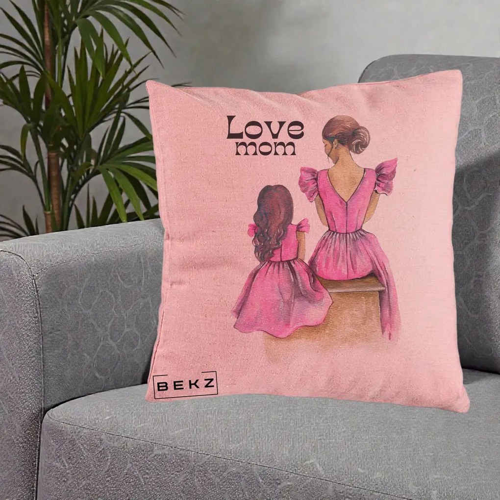 Cadou pentru Mama - Perna Personalizata Love Mom Rochii Roz, 40x40 cm, Roz, Husa Detasabila, Perna Inclusa, BEKZ®
