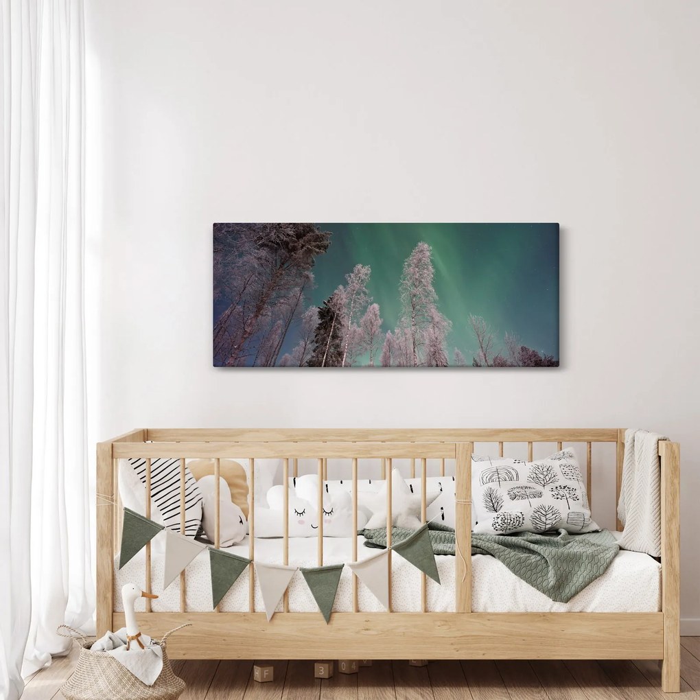 Tablou cu aurora borealis deasupra pomilor înghețați (120x50 cm)