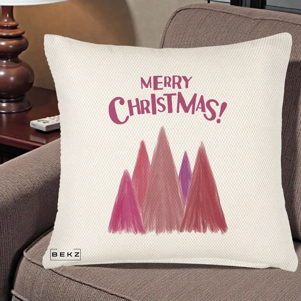Perna Decorativa Merry Christmas Brazi Roz, 40x40 cm, Crem Reliefat, Husa Detasabila, Perna Inclusa, BEKZ®