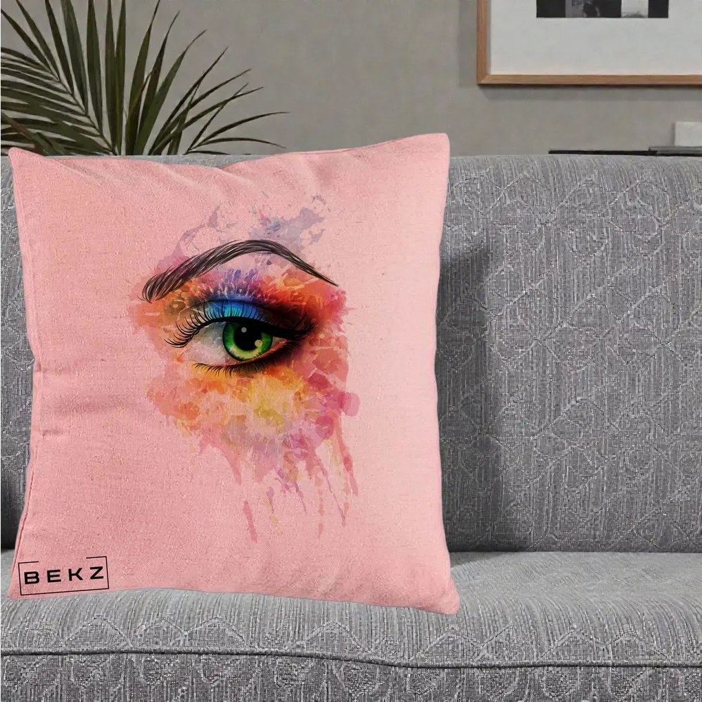 Perna Decorativa Ochi Verde Acuarela, 40x40 cm, Roz, Husa Detasabila, Perna Inclusa, BEKZ®