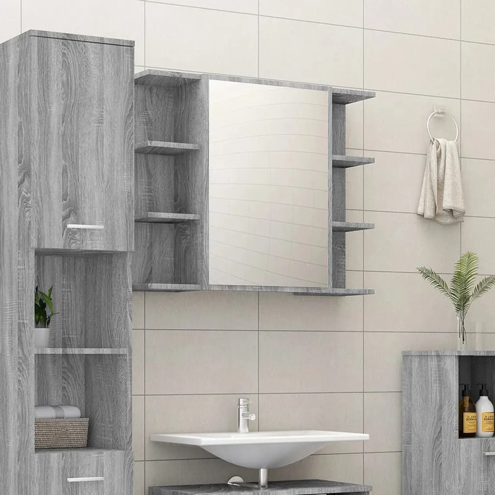Dulap de baie cu oglinda gri sonoma 80x20,5x64 cm lemn compozit sonoma gri