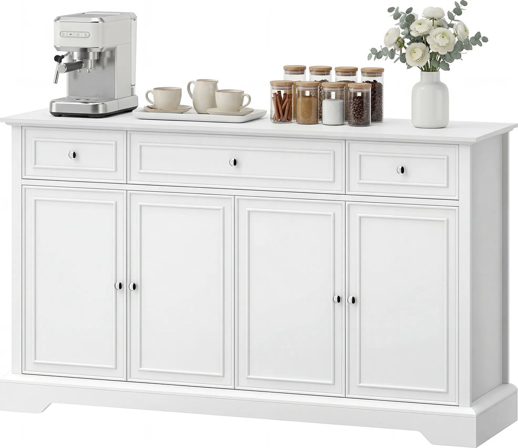 HOMCOM Bufet de living, mobilier de depozitare cu 3 sertare, 4 uși cu închidere silențioasă și etajere reglabile, alb | Aosom Romania