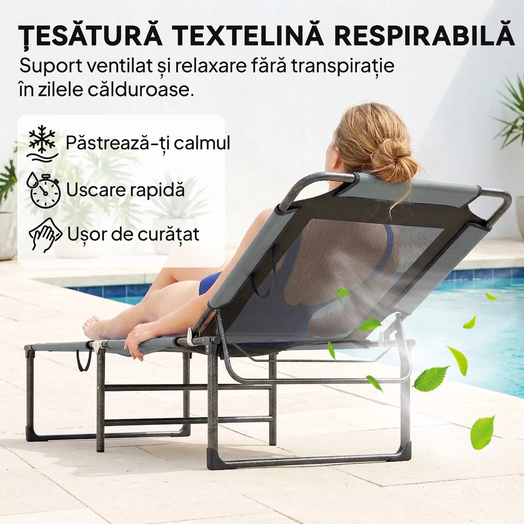 Outsunny Șezlong de Exterior Reglabil 4 Poziții, Scaun Pliabil cu Mâner, Gri. | Aosom Romania