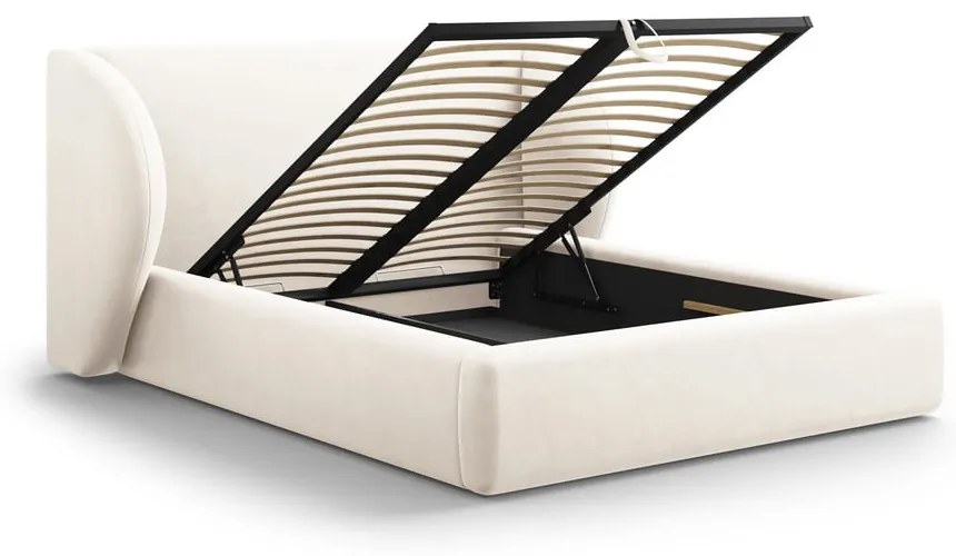 Pat dublu bej tapițat cu spațiu de depozitare și somieră 200x200 cm Miley – Micadoni Home