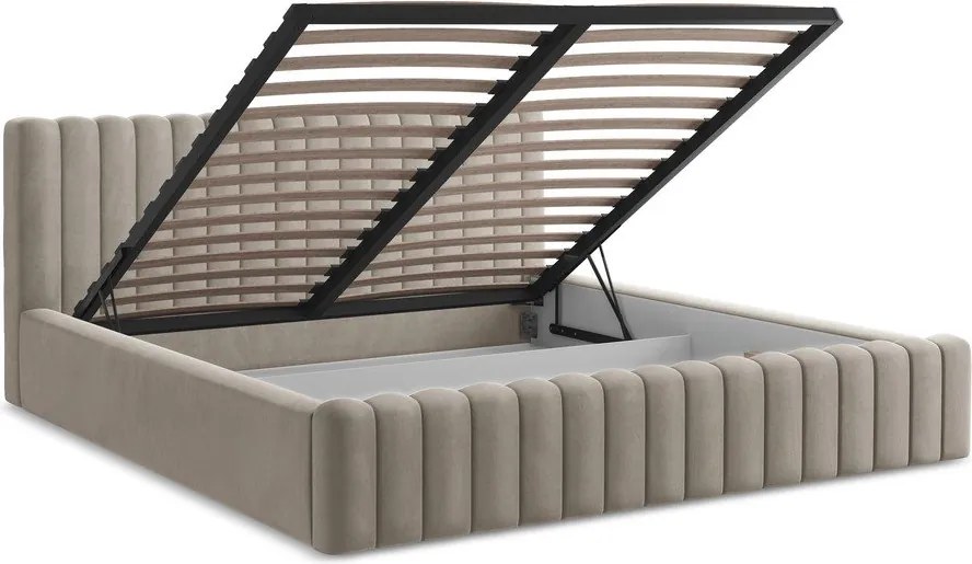 Pat matrimonial taupe tapițat cu spațiu de depozitare cu somieră 140x200 cm Lemi – Makamii