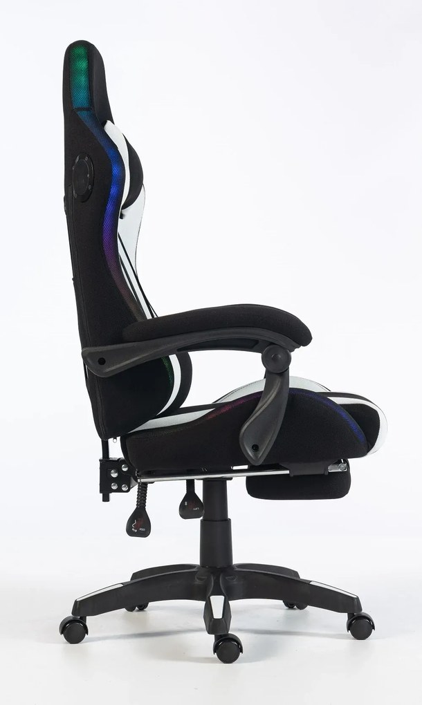 RESIGILAT- ALFORD Scaun gaming cu Masaj in 5 puncte, Perna lombara cu Masaj, Sistem iluminare banda LED RGB, Boxe Bluetooth, suport picioare, textil, Negru