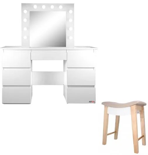Masa de toaleta/machiaj + Taburet Vintage, alba, cu oglinda si LED-uri, Vanessa, 130x43x143 cm