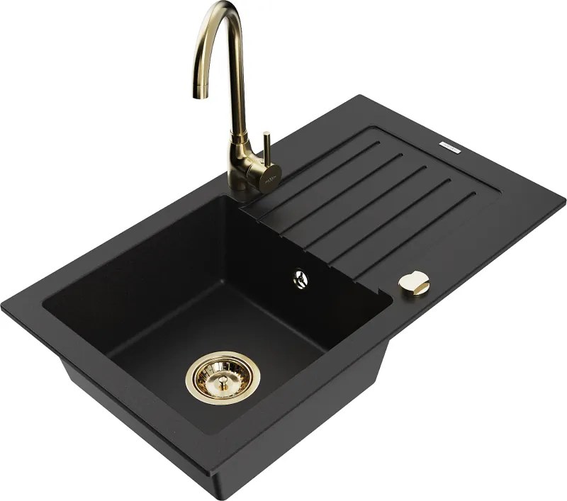 Mexen Pablo chiuvetă de granit cu 1 cuvă cu scurgător și baterie de bucătărie Telma, negru - 6510-77-670200-50