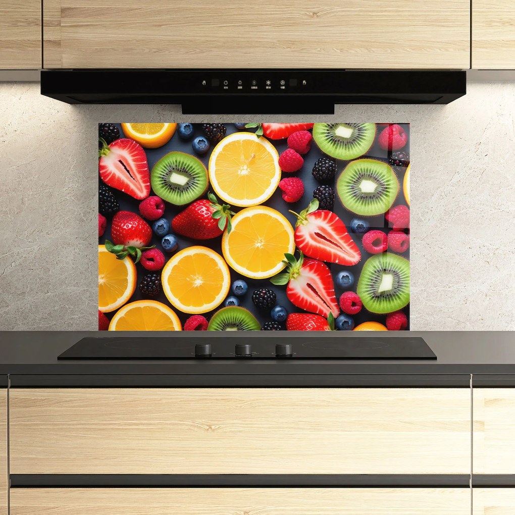 Panou Sticla Bucatarie, 80x120cm, Protectie aragaz, Antistropi, Termorezistent, Alimente, Fructe, Orange Fruit Mix