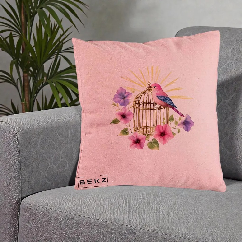 Perna Decorativa Pasare Roz pe Colivie Aurie cu Flori, 40x40 cm, Roz, Husa Detasabila, Perna Inclusa, BEKZ®