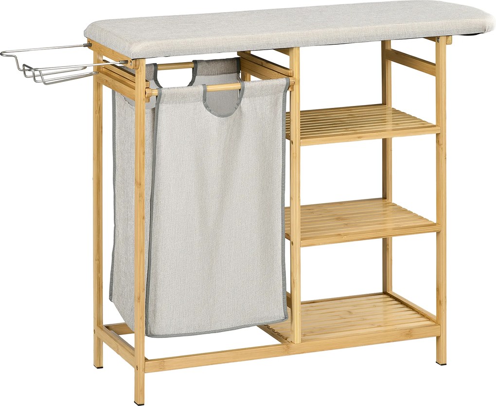 HOMCOM Coș de Rufe din Bambus cu Masă de Călcat și Suport de Călcat, Coș de Rufe cu Raft cu 3 Niveluri, 113x34x82 cm, Gri
