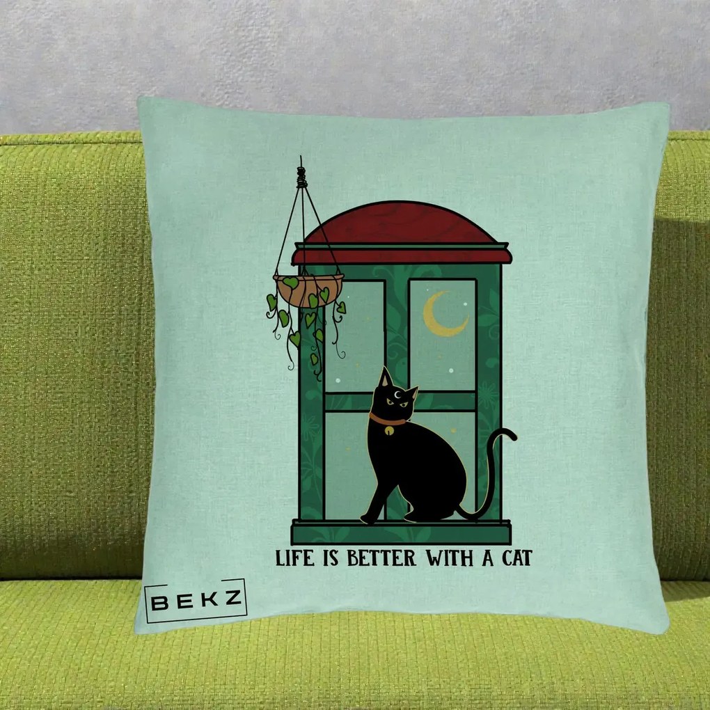 Perna Personalizata Life is Better with a Cat Geam, 40x40 cm, Verde Menta, Husa Detasabila, Perna Inclusa, BEKZ®
