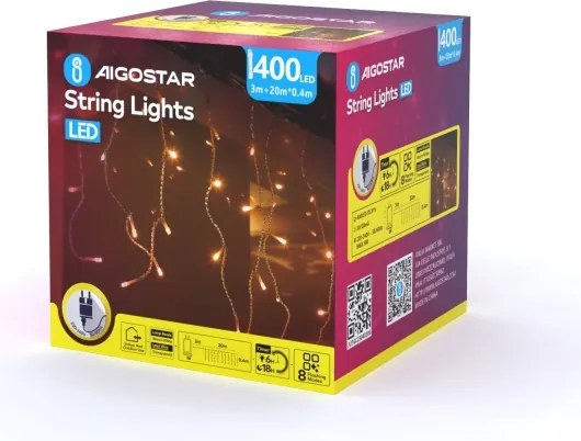 Aigostar - LED ghirlandă de exterior pentru Crăciun 400xLED/8 funcții 23x0,4m IP44 alb cald